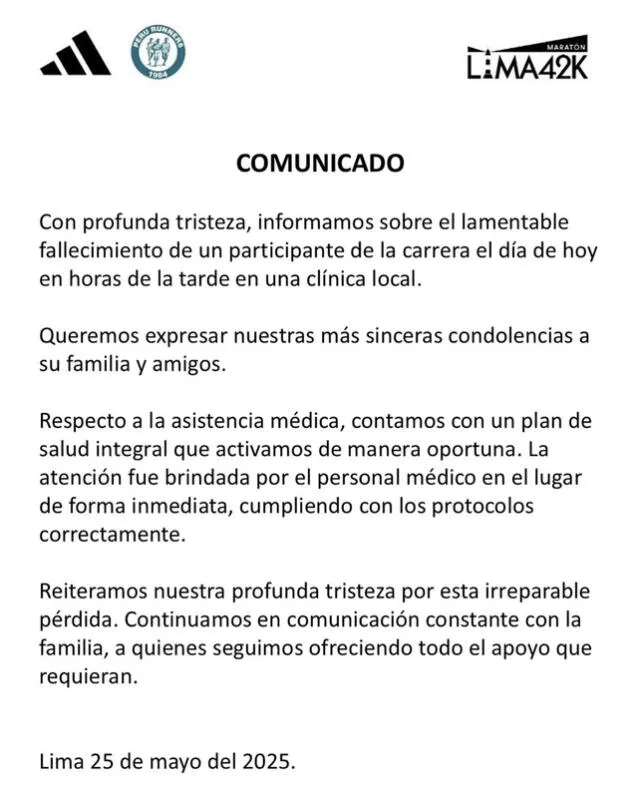  Comunicado oficial de Maratn Lima 42K. Foto: Instagram 