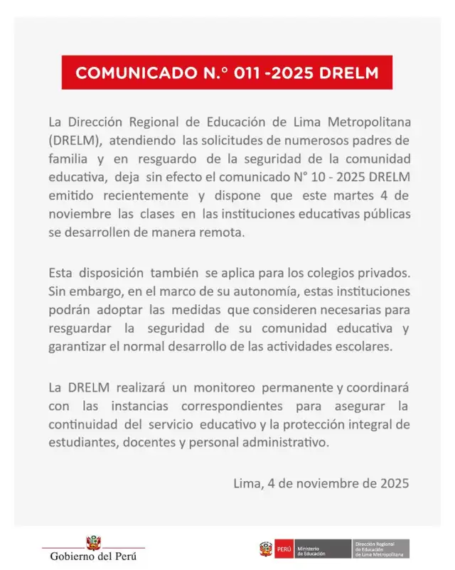 Comunicado de la Dirección Regional de Educación de Lima Metropolitana (DRELM) Comunicado de la Dirección Regional de Educación de Lima Metropolitana (DRELM)