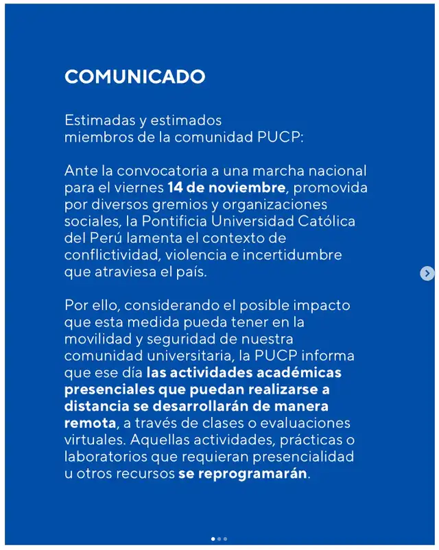 La PUCP afirmó que lamenta el contexto de ''conflictividad, incertidumbre y violencia'' que atraviesa el país.   