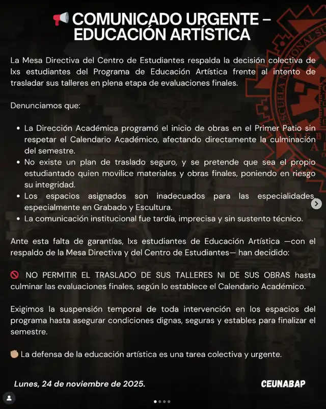A través de sus redes sociales, la comunidad de alumnos afirmó que defenderán la educación artística. Foto: Instagram.   