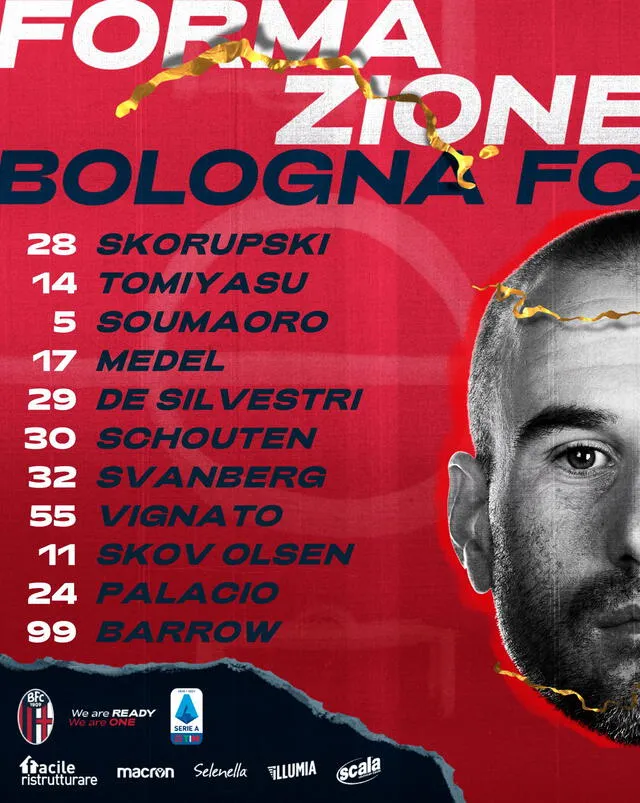 El once titular del Bologna para jugar ante la Juventus por la fecha 38 de la Serie A. Foto: Bologna