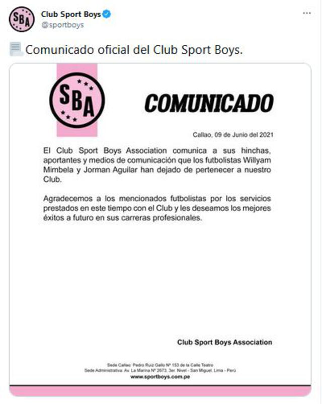 Comunicado de Sport Boys