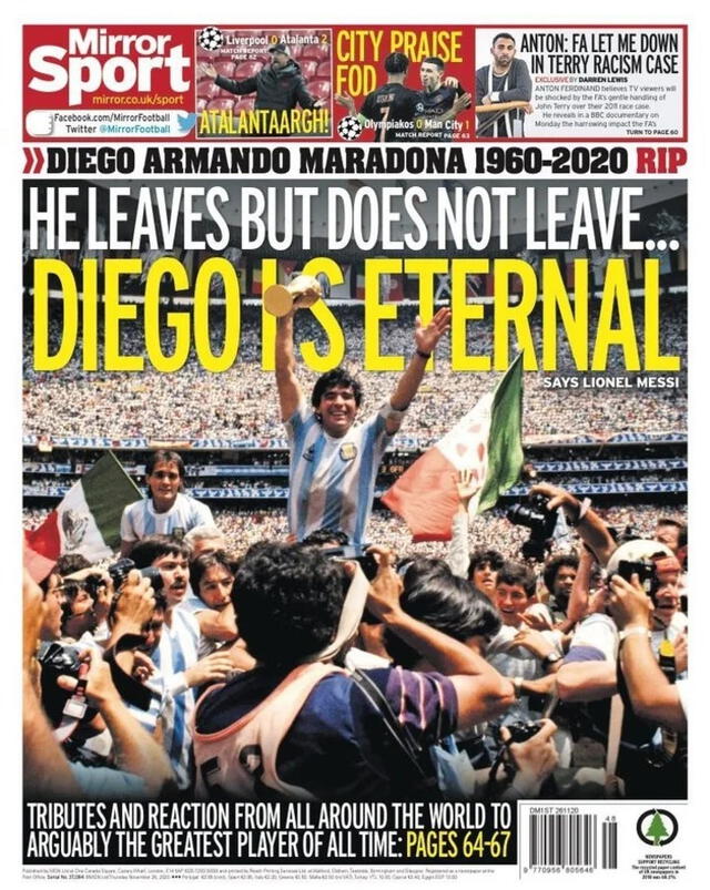 Portada de Mirror Sport sobre muerte de Maradona.