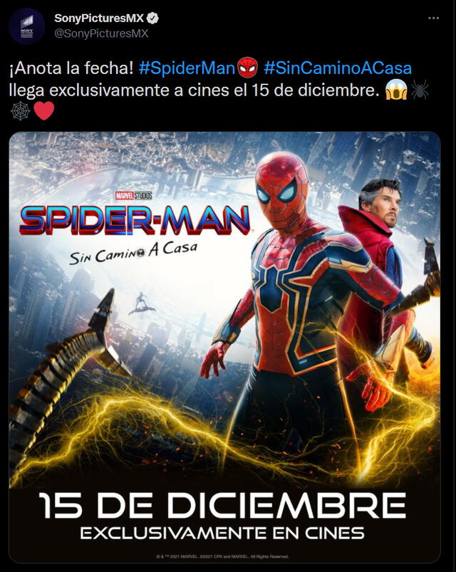 Spider-Man: no way home llegará a México el 15 de diciembre de este año. Foto: Twitter/@SonyPicturesMX