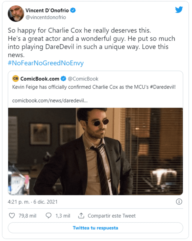 Tweet de Vincent D'Onofrio felicitando a Charlie Cox por mantener su papel como Daredevil. Foto: captura Twiter