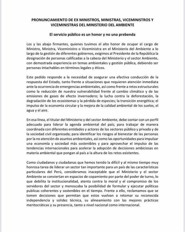 Carta de exministros y viceministros del Ambiente al presidente Pedro Castillo. Foto: Difusión