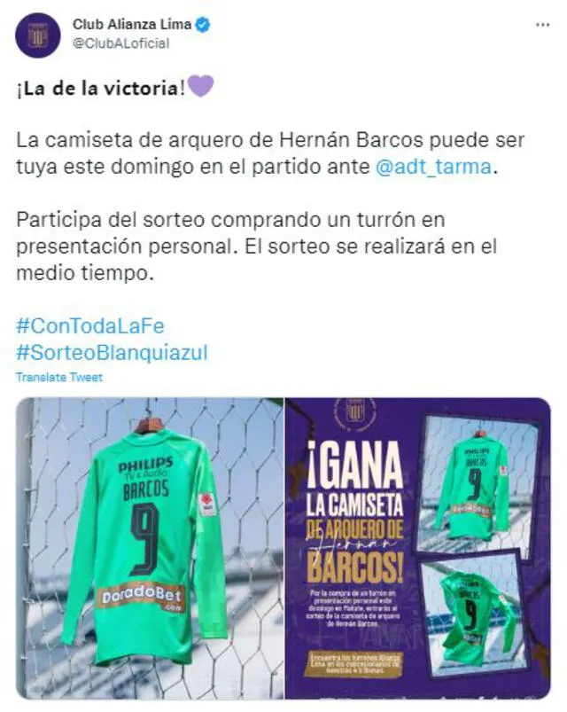 Publicación de Alianza Lima sobre sorteo de camiseta de Hernán Barcos. Foto: captura
