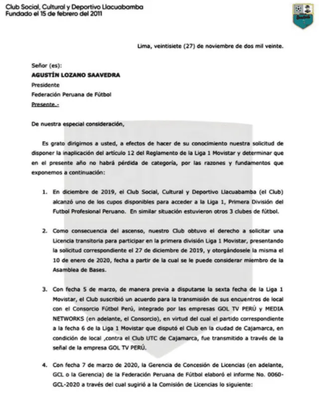 Comunicado de Deportivo Llacuabamba a la FPF.