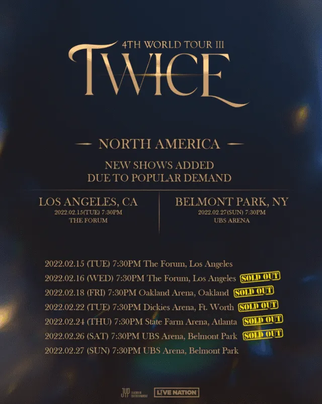 Fechas oficiales de conciertos de TWICE para el 2022. Foto: JYP Entertainment