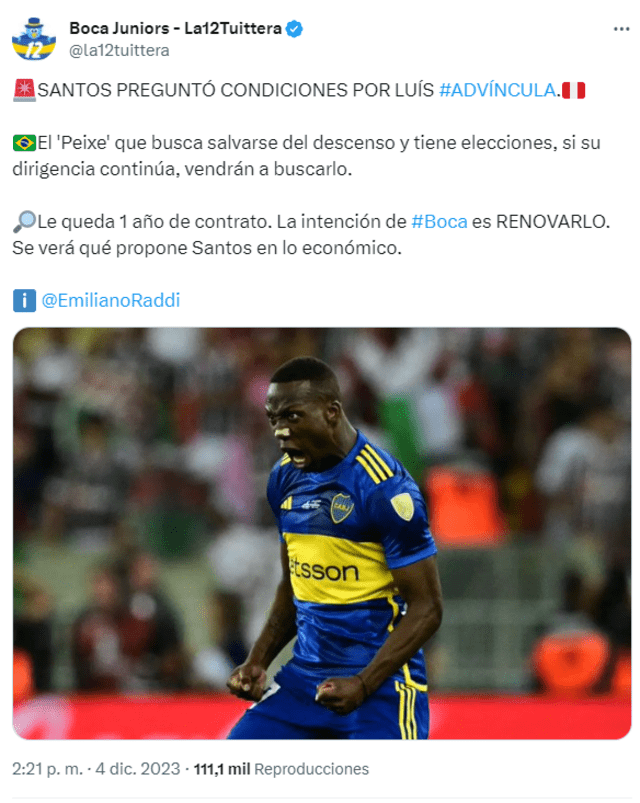 Boca Juniors busca renovarle a Advíncula por 1 año. Foto: X   