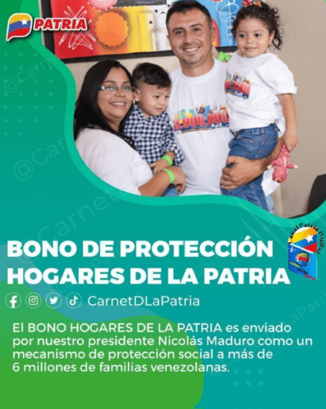 Las familias venezolanas reciben el Bono Hogares de la Patria. Foto: Canal Patria Digital/Telegram   