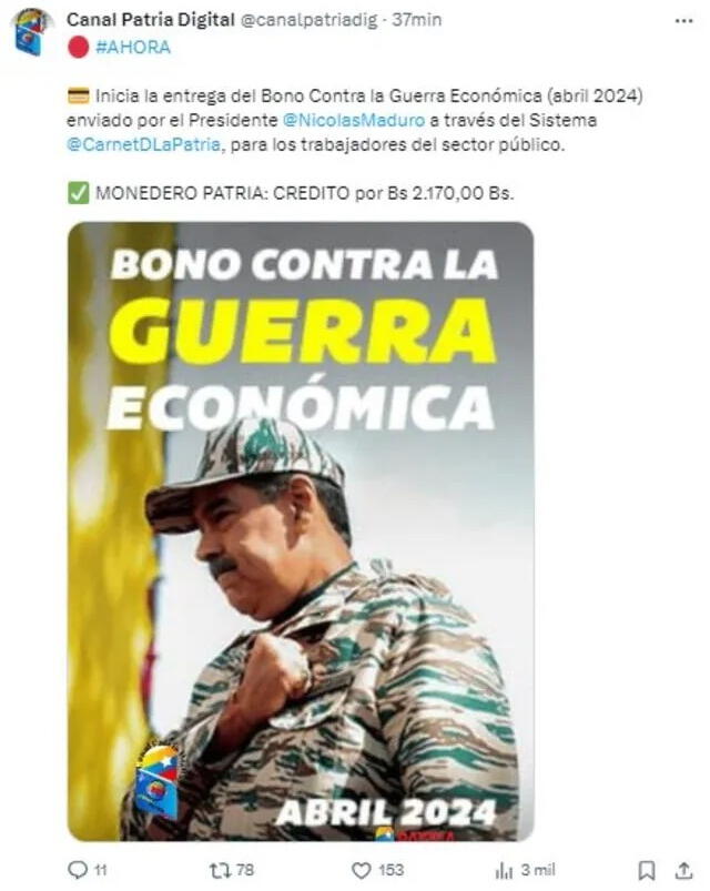 Anuncio del Bono de Guerra para trabajadores públicos en abril. Foto: Canal Patria Digital   