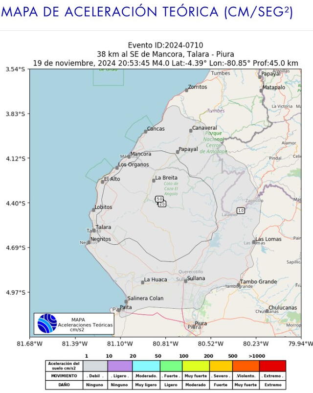 Mapa de aceleración teórica del sismo en Piura. Foto: IGP   