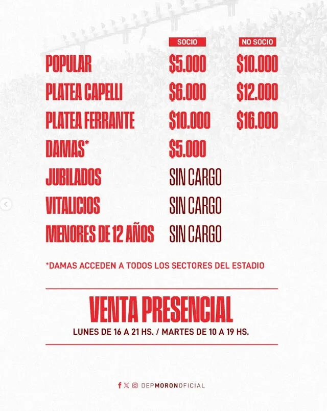 Precios de las entradas para el amistoso ante Alianza Lima. Foto: Deportivo Morón   