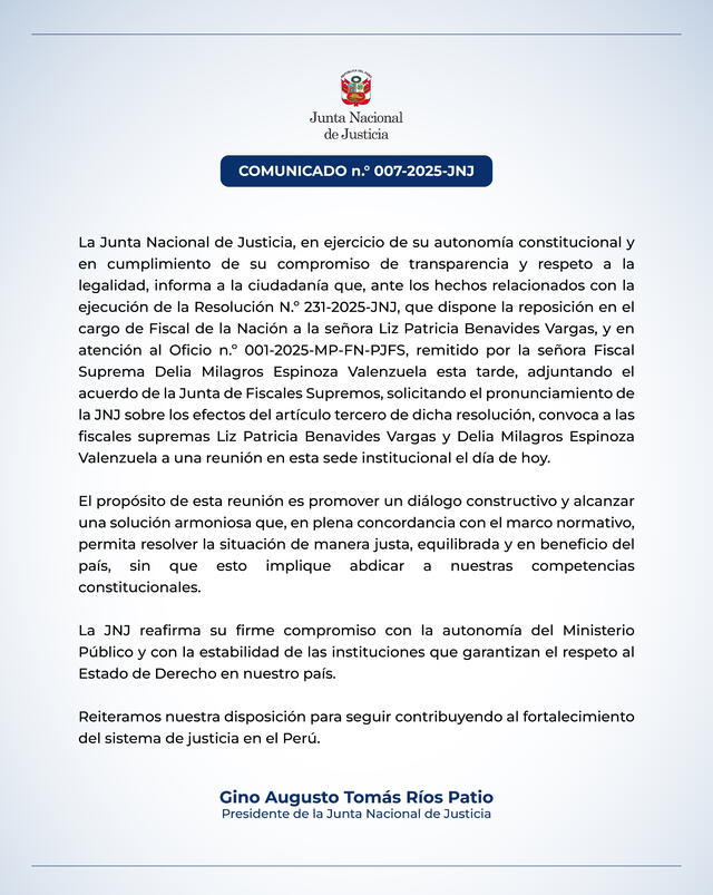 Comunicado de la JNJ. Foto: difusión Comunicado de la JNJ. Foto: difusión