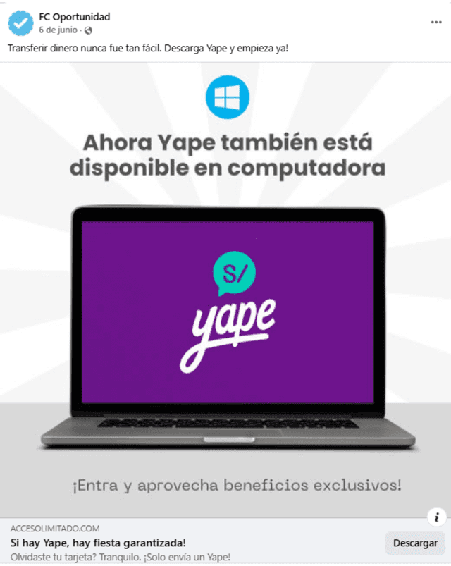 Anuncio que invita a descargar una versión de Yape para PC que sería un virus. Foto: La República   
