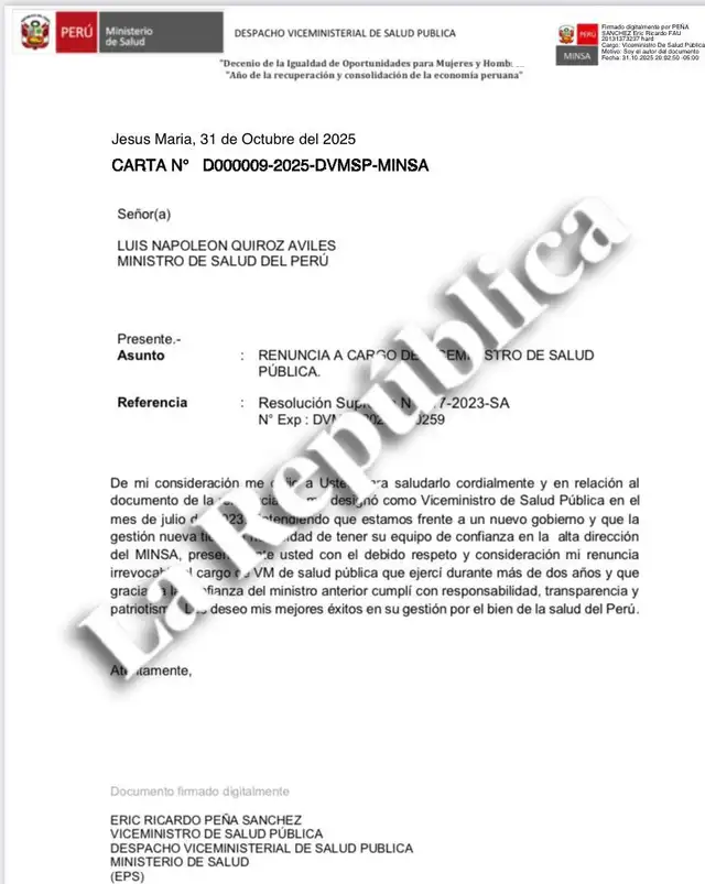  Renuncia del viceministro Ricardo Peña. Foto: La República   