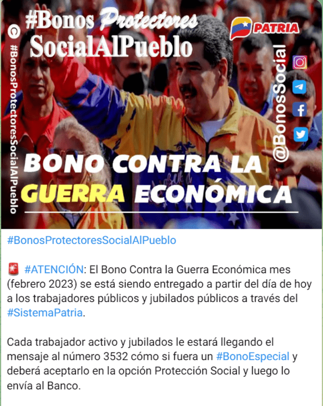 Comunicado del Sistema patria sobre la entrega del Bono Contra la Guerra Económica de febrero 2023. Foto: Sistema Patria