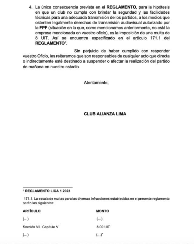 Respuesta de Alianza Lima a la FPF. Foto: Alianza Lima   