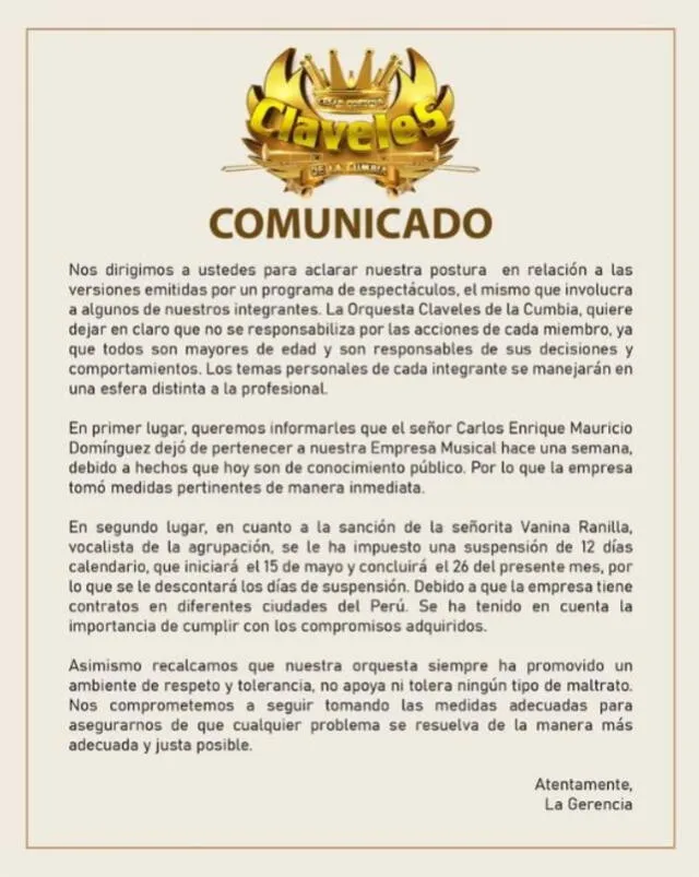  Agrupación Los Claveles de la Cumbia envía comunicado a los medios. Foto: difusión   