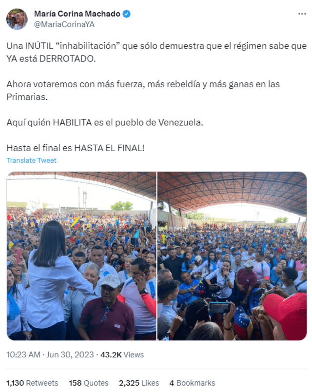  Respuesta de María Machado. Foto: @MariaCorinaYA/Twitter<br>    