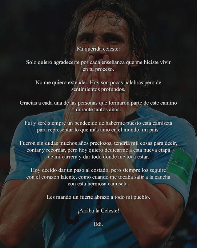 Comunicado de Edinson Cavani sobre su retiro de la selección uruguaya. Foto: Instagram/Cavani.   