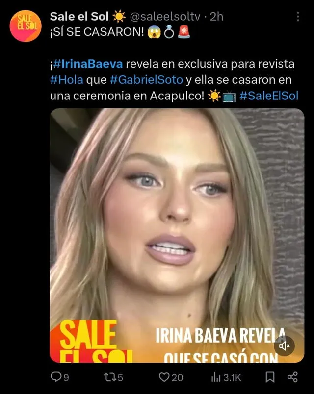 Irina Baeva sorprende con revelación de ceremonia íntima con Gabriel Soto. Foto: X saleelsoltv   