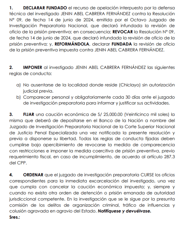 Resolución que ordena la liberación del exfinancista de Pedro Castillo. 