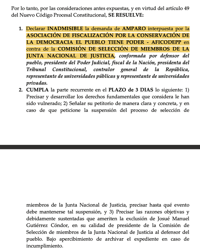 PJ no admite demanda contra la Comisión Especial JNJ.   