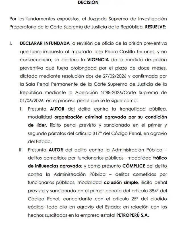Pedro Castillo seguirá en prisión preventiva hasta marzo de 2027: PJ rechazó pedido para revocarla