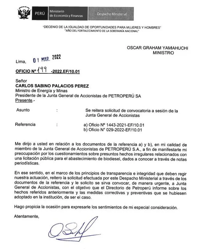Carta enviada al presidente del directorio de Petroperú. Foto: MEF