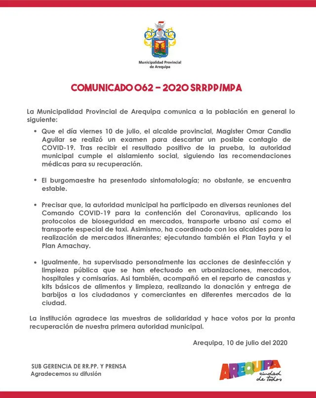 Comunicado de la Municipalidad Provincial de Arequipa.