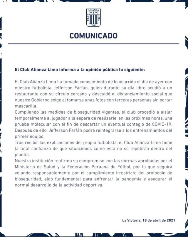 Alianza Lima emitió un comunicado sobre el caso de Jefferson Farfán.