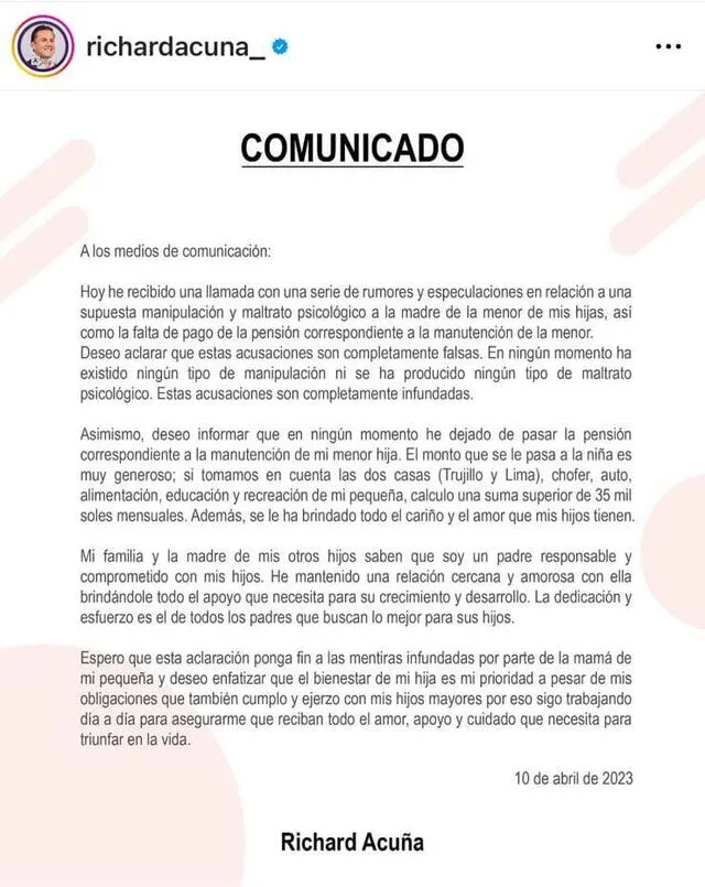 Richard Acuña dice que le pasa un aproximado de 35.000 soles mensuales a su hija. Foto: captura/Richard Acuña/Instagram   