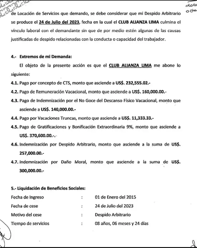 Los pagos que exige Guillermo Salas por despido arbitrario a Alianza Lima. Foto: difusión Los pagos que exige Guillermo Salas por despido arbitrario a Alianza Lima. Foto: difusión
