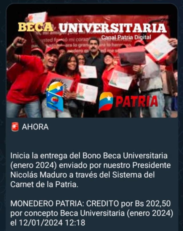 Revisa el anuncio del Bono Beca Universitaria de enero 2024. Foto: Canal Patria Digital   