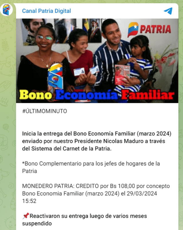  El Bono Economía Familiar llegó el viernes 29 de marzo. Foto: Canal Patria Digital   