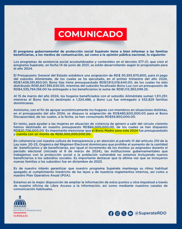 Comunicado de transparencia sobre la entrega de bonos en República Dominicana por parte del ente encargado. Foto: Supérate/X   