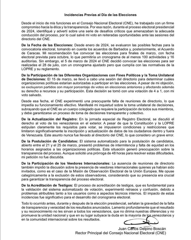 Es es el comunicado con las incidencias previas al proceso electoral en Venezuela. Foto: Juan C. Delpino/ X