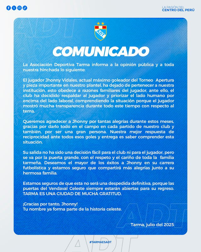 Comunicado del club tarmeño. Foto: ADT Comunicado del club tarmeño. Foto: ADT
