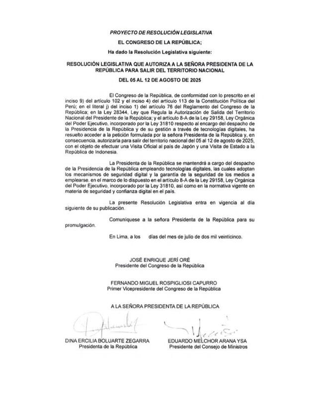  Solicitud de permiso de la presidenta Dina Boluarte para viajar a Japón e Indonesia   