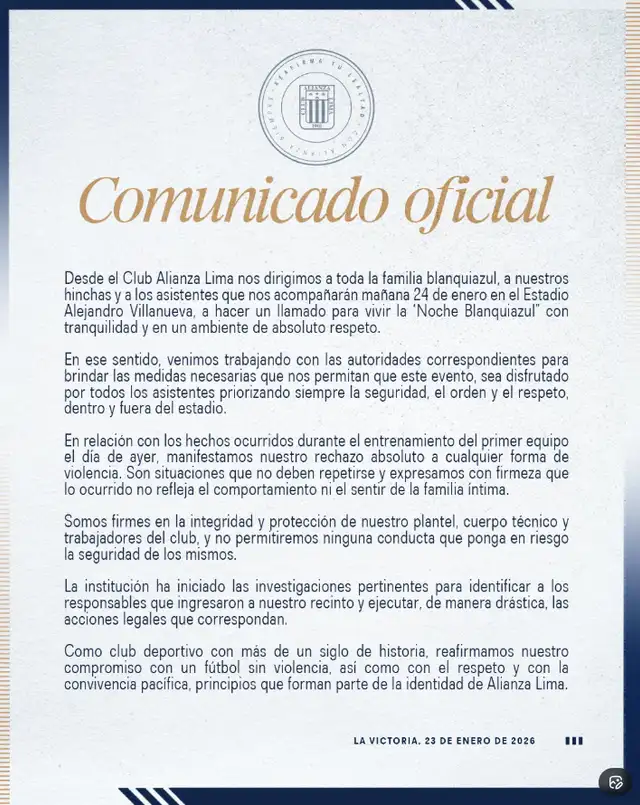 Comunicado de Alianza Lima tras irrupción de hinchas en Matute. Foto: Alianza Lima   