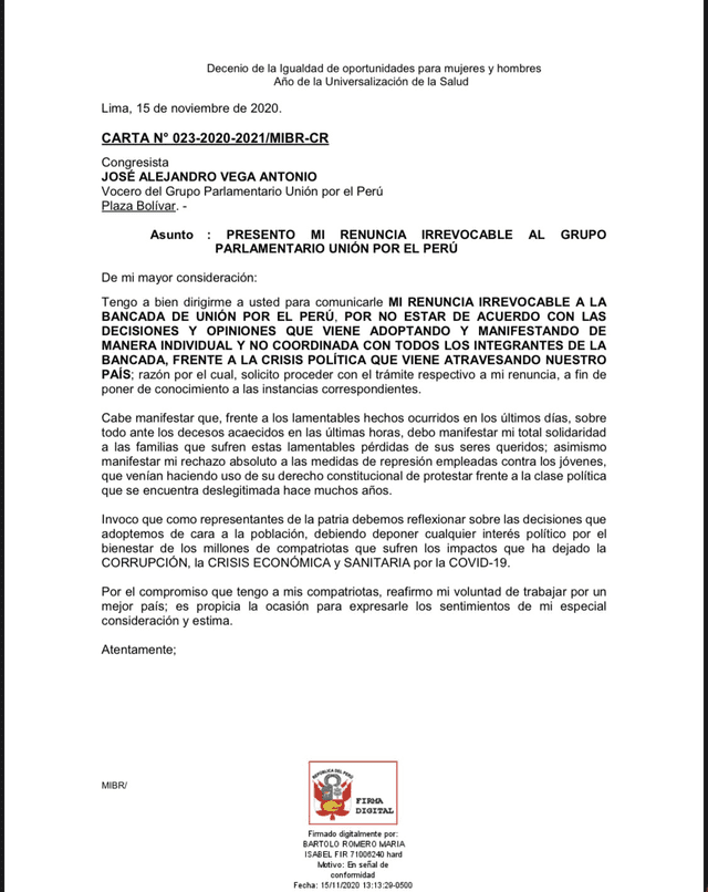 Carta de renuncia a la bancada de UPP de María Bartolo Romero.