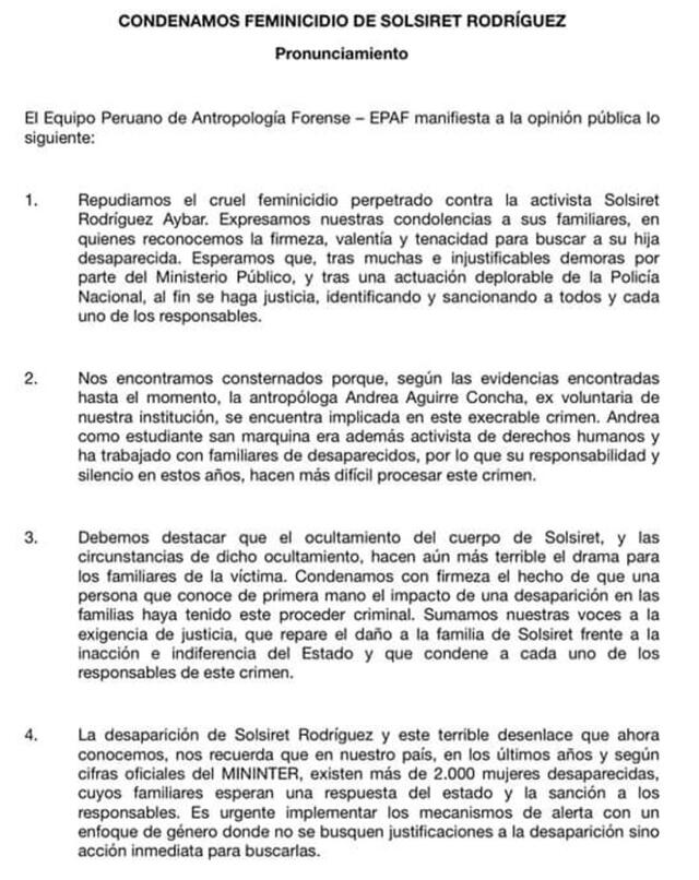 Pronunciamiento del Equipo Peruano de Antropología Forense.