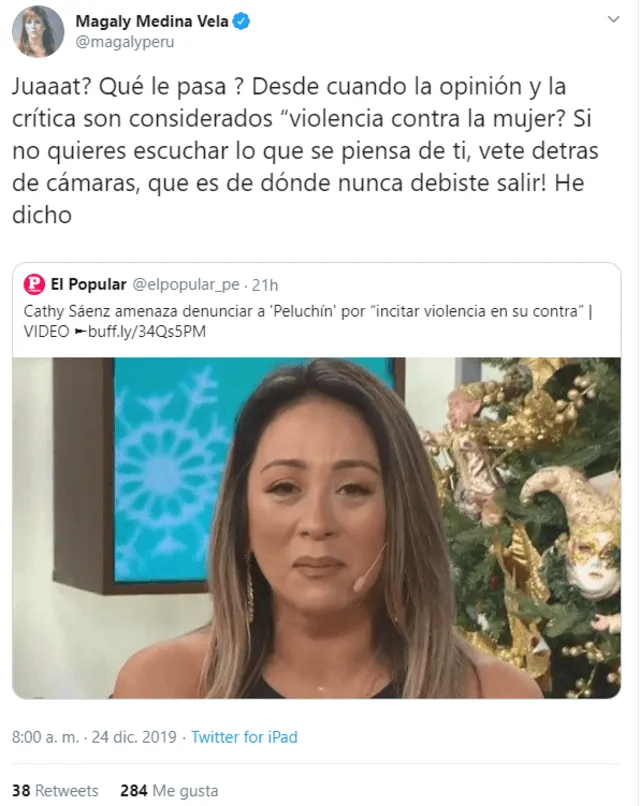Magaly Medina no fue ajena al protagonismo que tuvo Cathy Sáenz en la reciente emisión de "Mujeres al mando", donde denunció que sufre de ciberbullying. (Foto: captura)