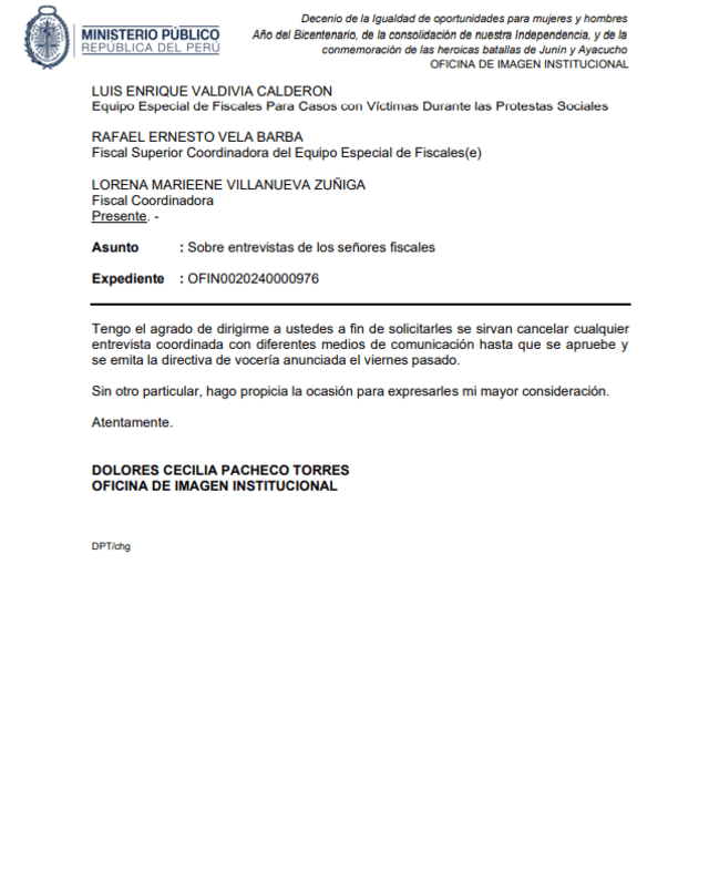 Comunicado enviado a los fiscales superiores. Foto: Ministerio Público Comunicado enviado a los fiscales superiores. Foto: Ministerio Público