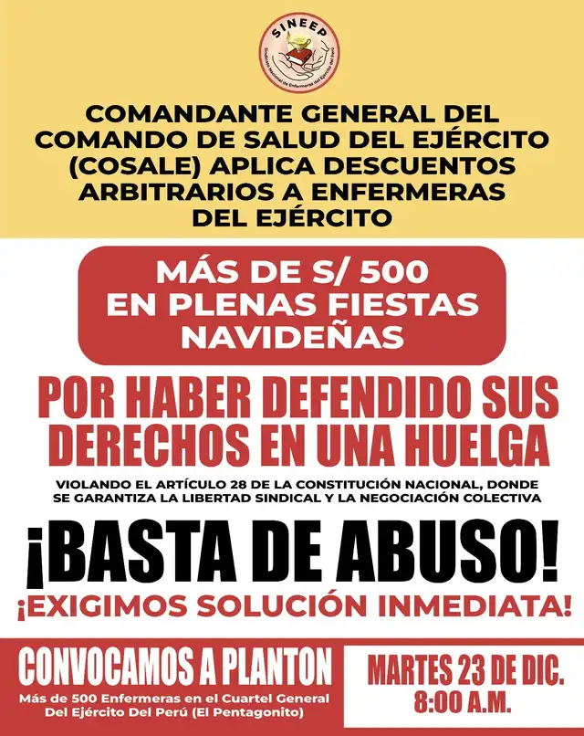 Las enfermeras indicaron que los descuentos afectan a sus familias en plena época navideña. Foto: SINEEP.   