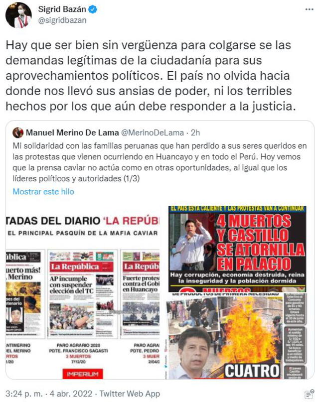 Sigrid Bazán criticó al excongresista Manuel Merino por "aprovecharse" de las protestas de transportistas. Foto: Captura Twitter
