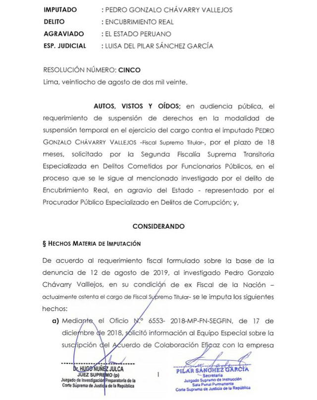 Resolución del juez Hugo Núñez Julca, quien ordenó la suspensión de Pedro Chávarry por 18 meses.