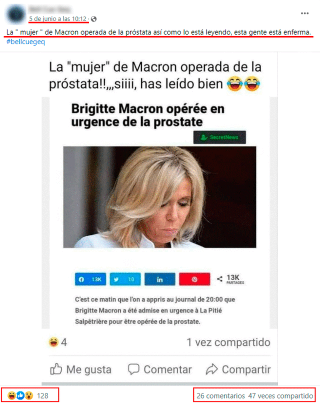 Publicación viral en la que afirman que Brigitte Macron tuvo una operación a la próstata de emergencia. Foto: Captura de Facebook.